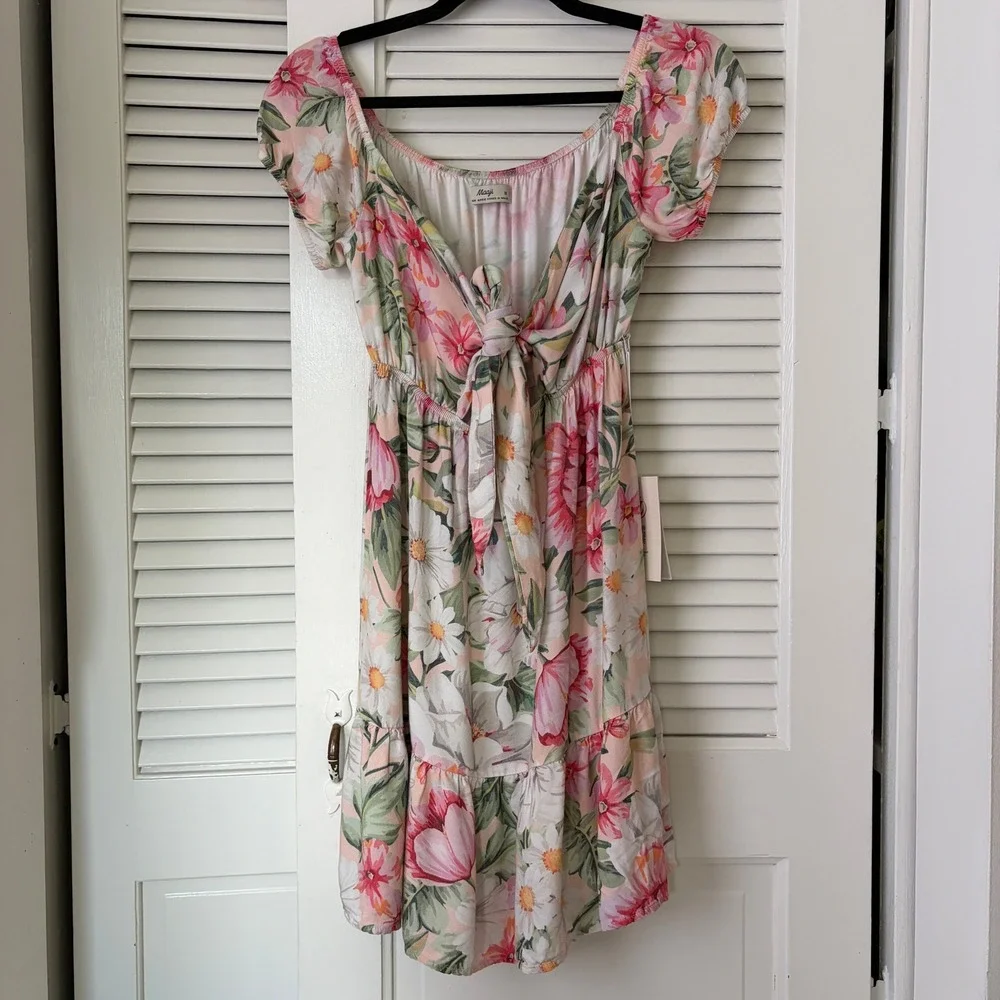 Maaji Cocoon of Love Rosabel Tie-Front Mini Dress Pink Green Floral Sz M NWT